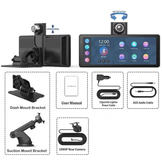 AutoDefend 9-Inch 4K Dash Cam with Wireless CarPlay & Android Auto | Dual Channel 4K + Rear Cam | Bluetooth, AUX, FM, IPS Touchscreen | Night Vision, GPS, G-Sensor