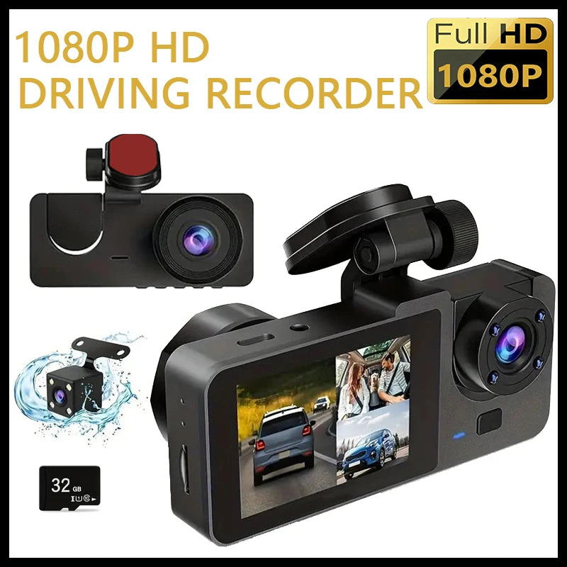 AutoDefend 3-Camera 1080p HD Dash Cam — Front, Inside & Rear, 2.0” IPS Screen, Night Vision, G-Sensor, Loop Recording, 140° Wide Angle